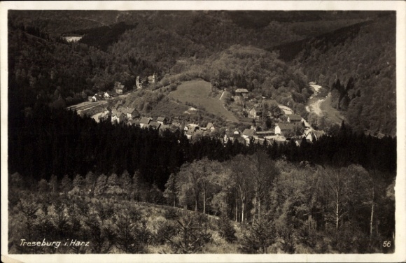 Ak Treseburg Thale im Harz, Landschaft mit Dorf, Bäume, Fluss, Treseburg i. Harz