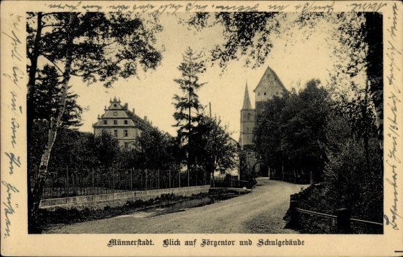 Postcard Münnerstadt in Lower Franconia Bavaria, Jörgentor, school building