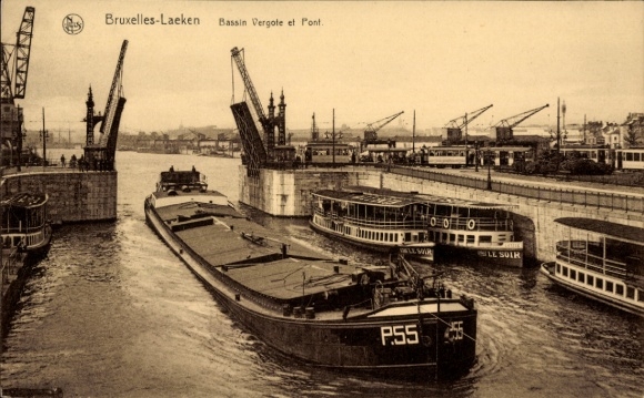 Postcard Laeken Bruxelles Brussels, Bassin Vergote, drawbridge, barge, excursion boats