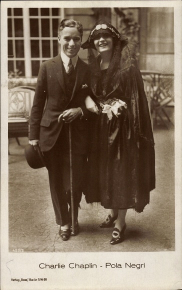 Postcard actor Charlie Chaplin, actress Pola Negri