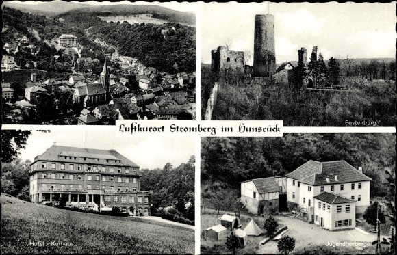 Postcard Stromberg im Hunsrück, view of the town, hotel, spa, Fustenburg, youth hostel