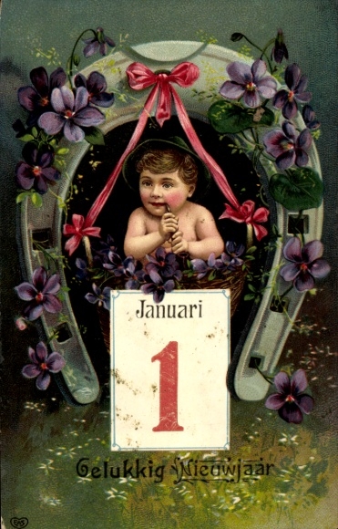 Postcard Happy New Year, child, horseshoe