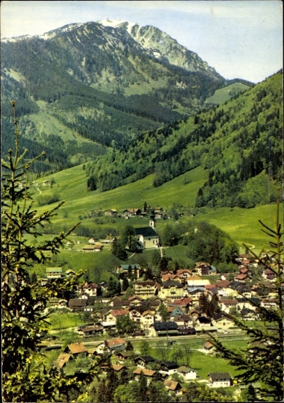 Ruhpolding in Upper Bavaria, mountain landscape, picturesque village, green meadows, snow-capped mountains