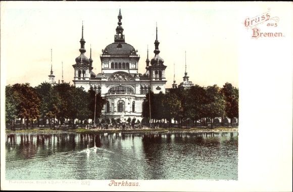 Postcard Hanseatic City of Bremen, parking garage, water surface, trees, from Bremen
