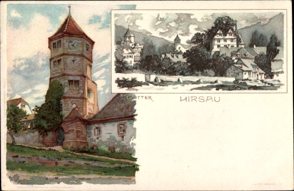 Artist Chromo-Litho mother, K., Hirsau Calw in Baden Württemberg, view of a tower, houses