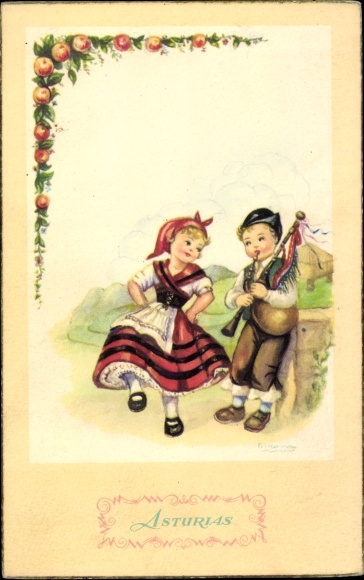Ak Asturias, Kinderen in Spaanse volkskostuums, danseres, muziekinstrument
