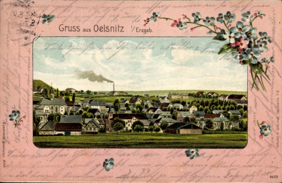 Passepartout Litho Oelsnitz im Vogtland, Gesamtansicht, Blumen