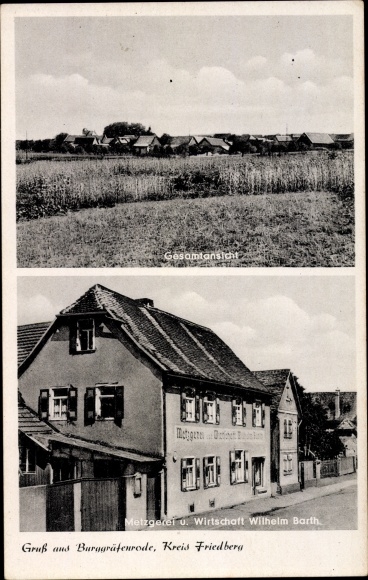 Postcard Burg Gräfenrode Karben Hessen, butcher shop and economy, general view