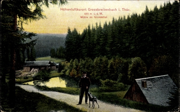 Postcard Großbreitenbach in Thuringia, mill in Grundstal, passerby with dog