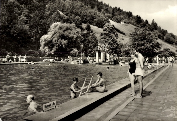 Postcard Unterweißbach in the Thuringian Forest, swimming pool