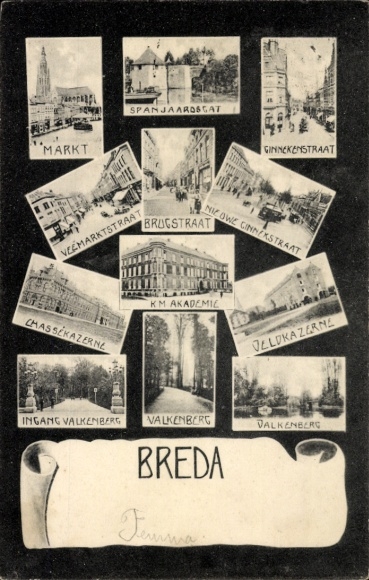 Postcard Breda North Brabant Netherlands, detailed views, church, Valkenberg, barracks