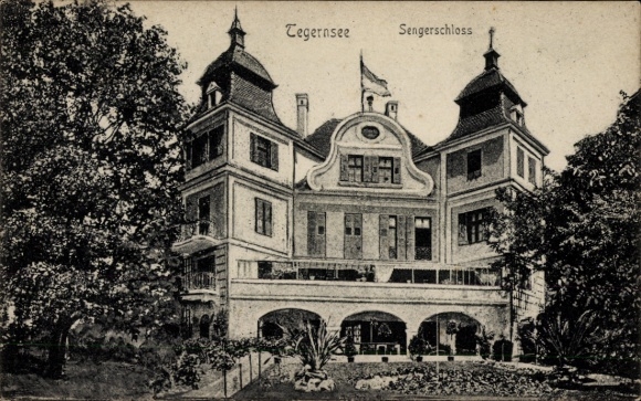 Postcard Tegernsee in Upper Bavaria, Senger Castle, building with towers, garden,