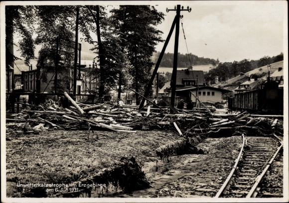 Postcard Erla Schwarzenberg in the Erzgebirge of Saxony, storm disaster on July 6, 1931