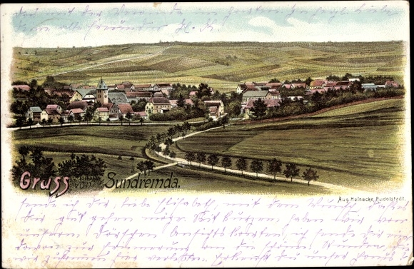Litho Sundremda Remda Rudolstadt in Thüringen, Totalansicht der Ortschaft