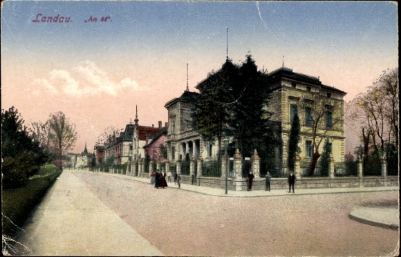 Postcard Landau in der Pfalz, street with trees, buildings, people on the street