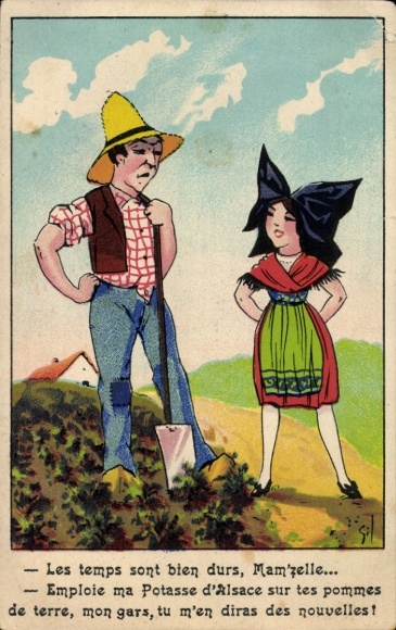 Künstler Ak Alsacienne, Elsässerin in Tracht, Feldarbeiter, Die Zeiten sind sehr hart, Miss