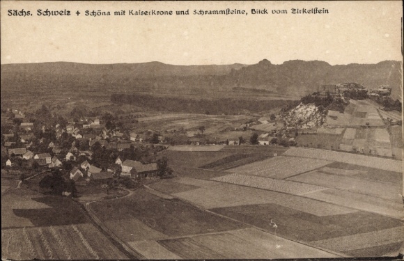 Postcard Schöna Saxon Switzerland, Saxon Switzerland, Schöna, Kaiserkrone, Schrammsteine, view from the Zi...
