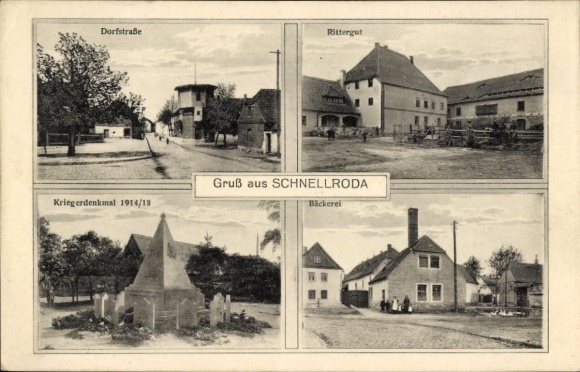Ak Schnellroda Steigra in Saalekreis, dorpsstraat, landhuis, oorlogsmonument 1914/18, bakkerij
