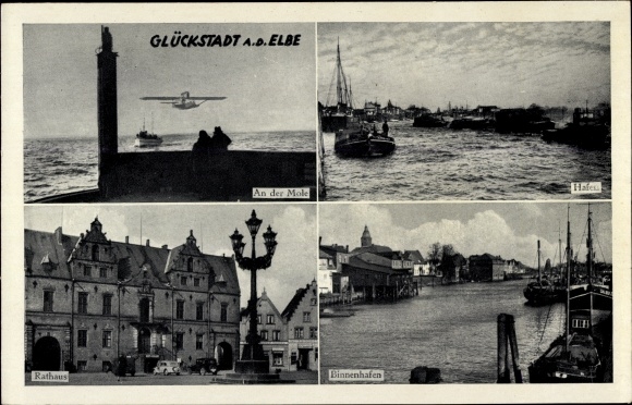 Ak Glückstadt in Schleswig Holstein, An der Mole, Hafen, Rathaus, Binnenhafen