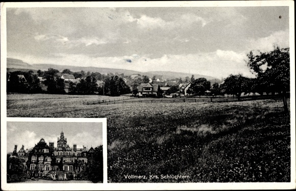 Postcard Vollmerz Schluechtern in the Main Kinzig district, panorama of the village, view of the castle