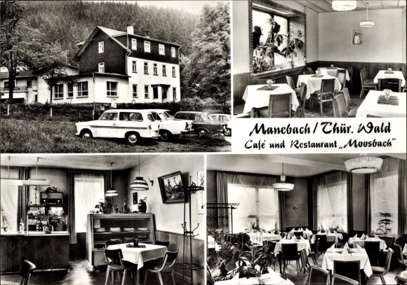 Postcard Manebach Ilmenau Thuringia, café and restaurant Moosbach, interior views, exterior view