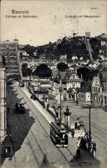 Ak Dresden Blasewitz Gruna,  Elbbrücke, Schillerplatz, Straßenbahn, Loschwitz mit Schwebebahn