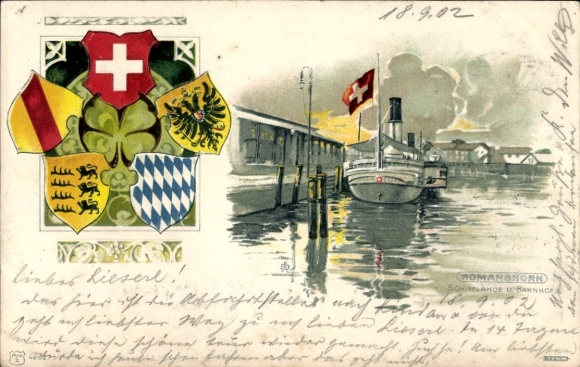 Wytłoczony herb lito Romanshorn Kanton Turgowia, statek parowy, widok na port, prom