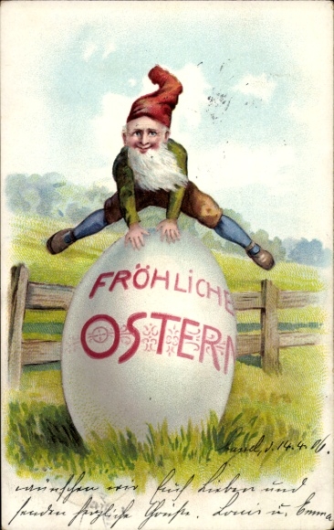 Litho Glückwunsch Ostern, Zwerg hüpft über ein Osterei
