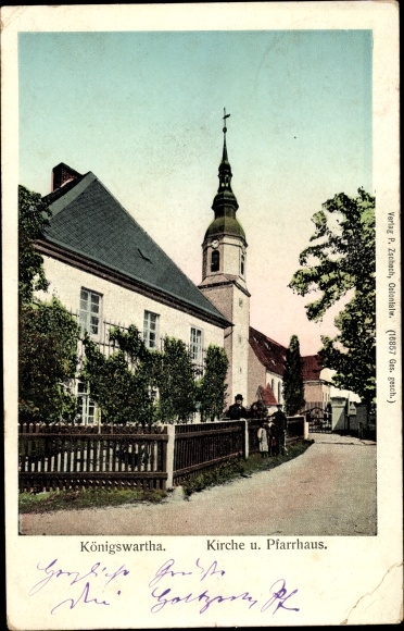 Ak Königswartha in der Oberlausitz, kerk, pastorie