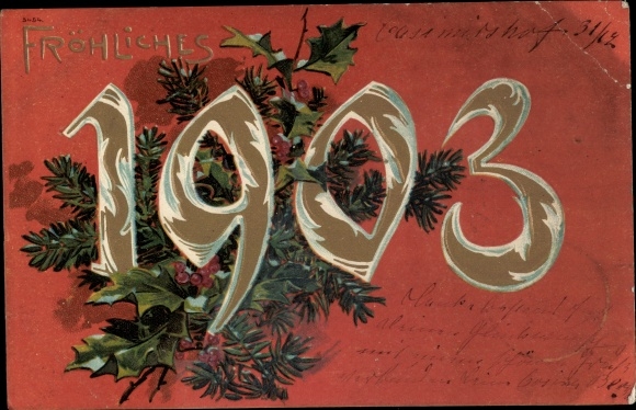 Embossed litho Happy New Year, year 1903, holly sprigs