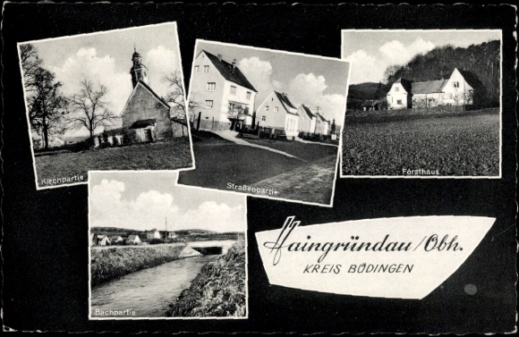 Postcard Hain Gründau in Hessen, church section, forester's house, stream section, street section