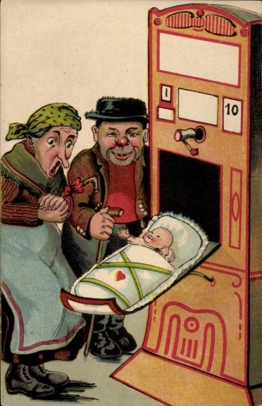 Artist Postcard Automat gives out baby, old couple in peasant costume