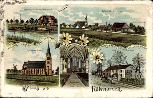 Litho Rütenbrock Haren Emsland, Hafen, Nebenzollamt, Kath. Kirche, Hotel Max Büter