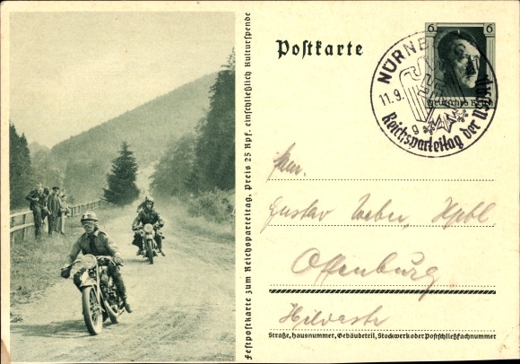 Postal stationery PC Krad drivers, NSKK, motorcycles, Nazi party rally