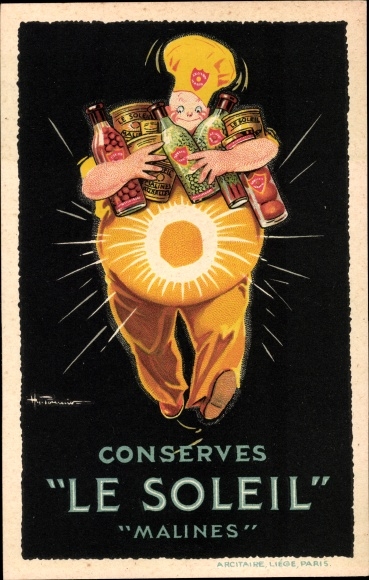 Ak Reklame, Conserves Le Soleil, Malines, Dicker Mann mit Konserven
