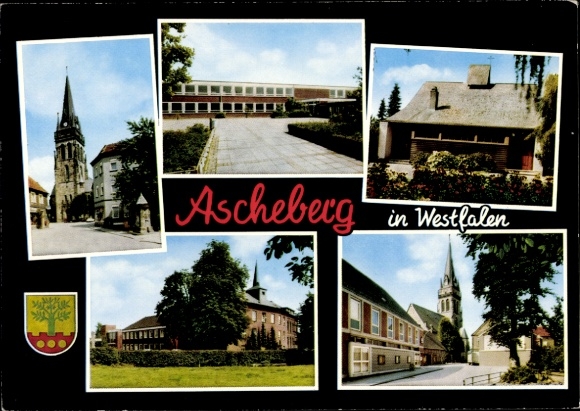 Postcard Ascheberg in Münsterland Westphalia, church, partial views, coat of arms