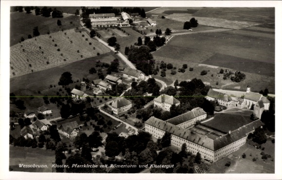 Postcard Wessobrunn in Upper Bavaria, monastery and parish church with Roman tower, aerial photograph