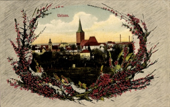 Postcard Uelzen in Lower Saxony, city view with church, colorful flower frame,