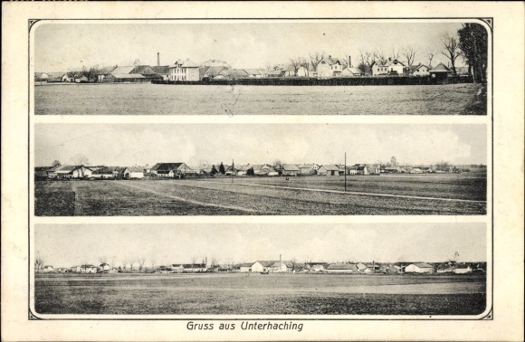 Passepartout ansichtkaart Unterhaching in Opper-Beieren, algemeen uitzicht op het dorp