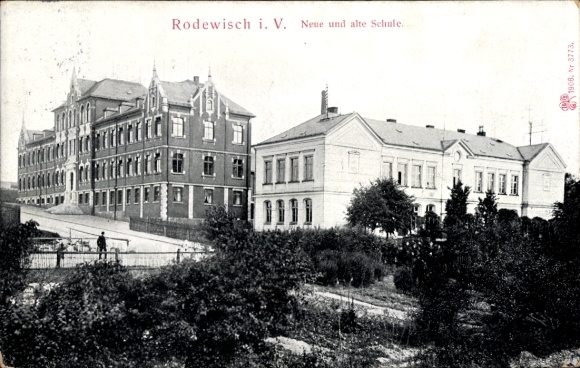 Postcard Rodewisch in Vogtland Saxony, front shows new and old school, buildings, green surroundings