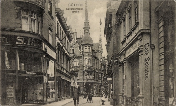Ak Cöthen Köthen in Anhalt, Stadtansicht, Schalaunleche Straße, Café Schulze, alte Architektur