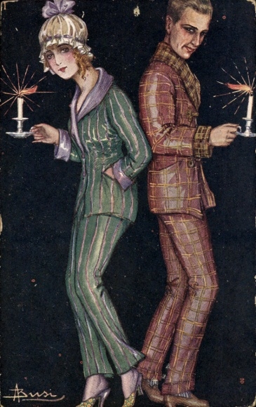 Artist Postcard Busi, man and woman in pajamas