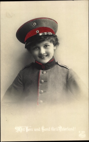 Postcard With heart and hand for the fatherland, Amag, boy in uniform