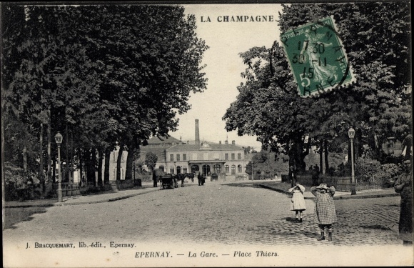 Ak Épernay Marne, La Gare, Place Thiers