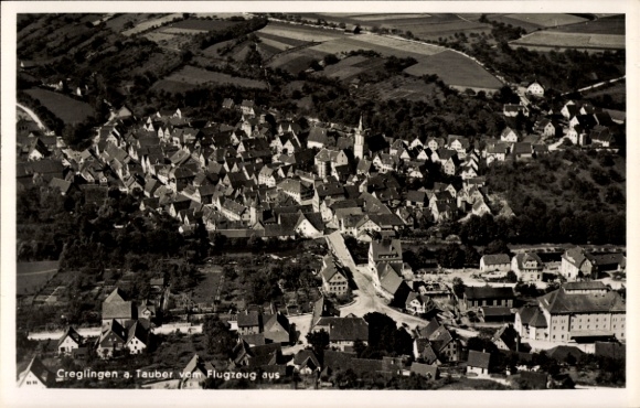 Postcard Creglingen an der Tauber, aerial view, traditional architecture, hilly landscape, Cregli