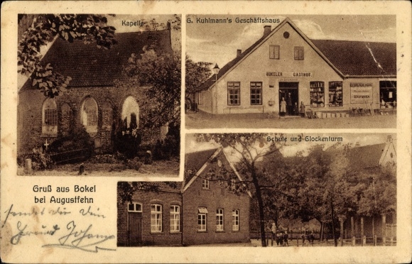 Postcard Bokel Apen in Oldenburg Ammerland, chapel, Kuhlmann office building, school, bell tower