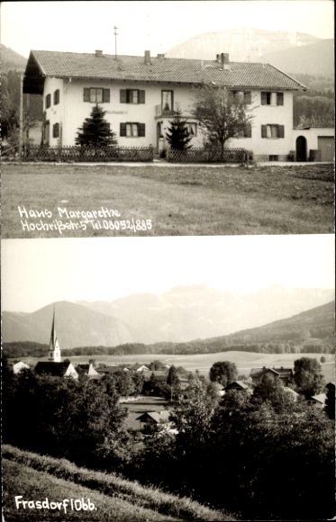 Postcard Frasdorf in Upper Bavaria, partial view, church tower, Haus Margarethe, Hochrißstr. 5