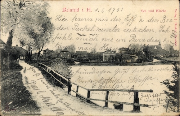 Postcard Reinfeld in Holstein, lake and church