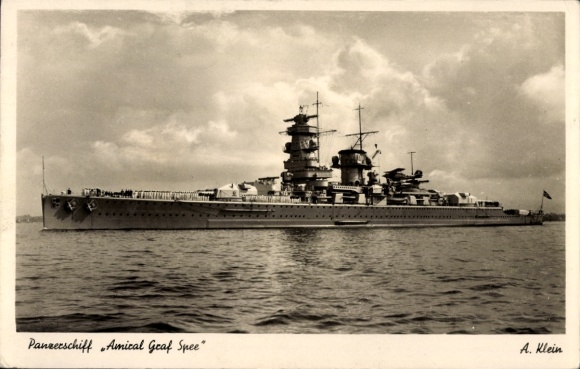 Postcard German warship, Admiral Graf Spee, ironclad, gun turrets