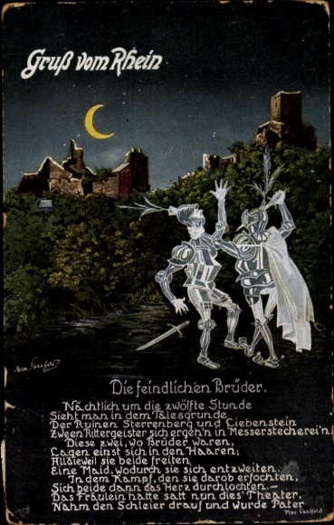 Bacharach am Rhein, knight ghosts, ruins of Sterrenberg and Ciebenstein, night, poetry